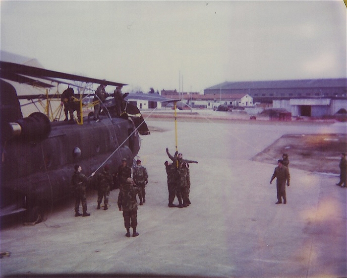 Folded blades on a CH-47D Chinook helicopter at Aviano Air Base in Italy, circa late 90s.