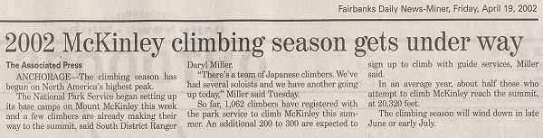 Newspaper article about the 2002 climbing season rescue training.