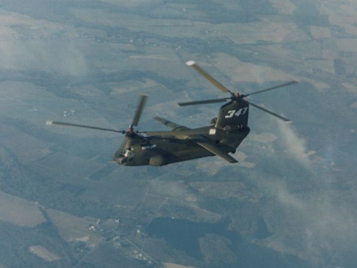 The Boeing Vertol BV-347 undergoing flight testing.