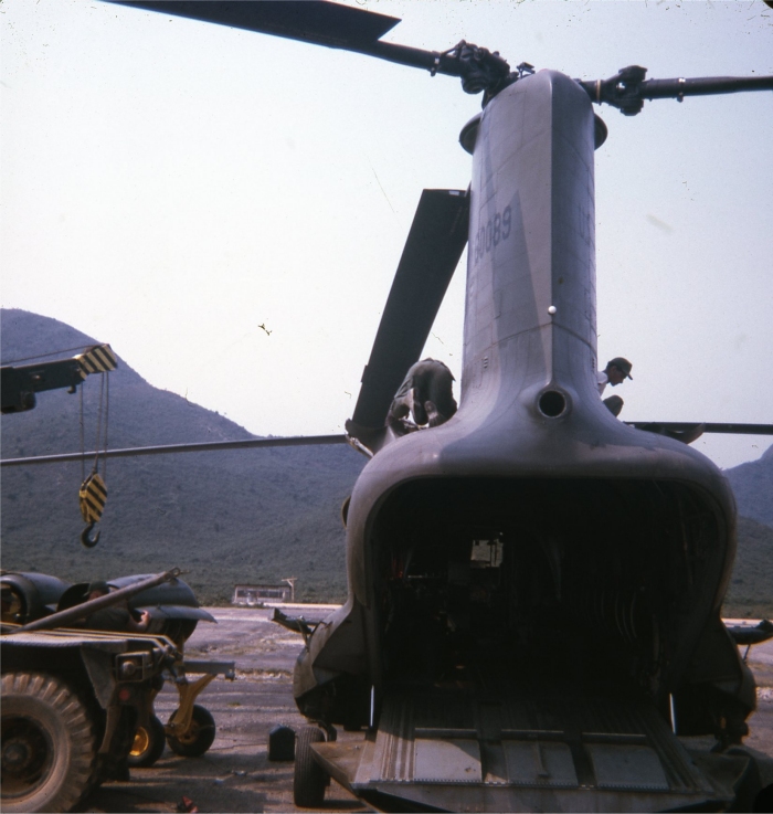 CH-47A Chinook helicopter undergoing an engine change at an unknown location in the Republic of Vietnam.