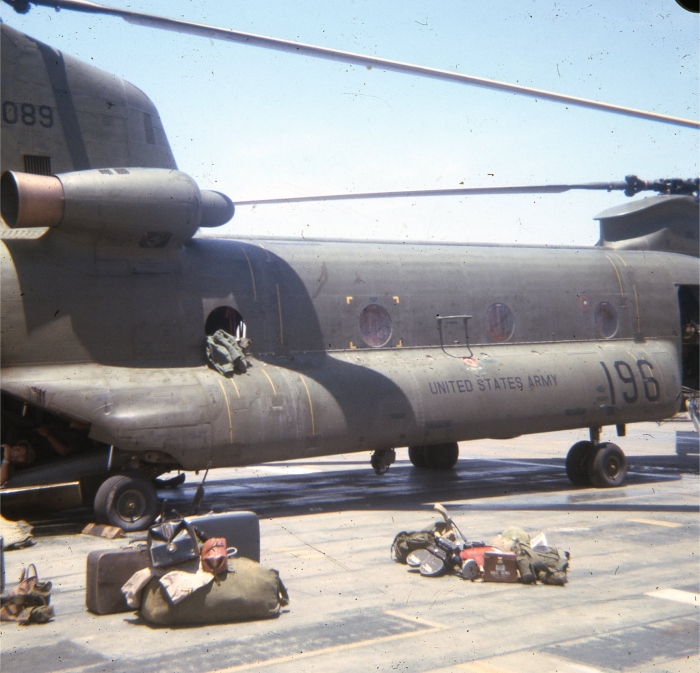 CH-47A Chinook helicopter 66-00089 sitting on the ramp at Chu Lai near the 71st Assault Support Helicopter Company area.