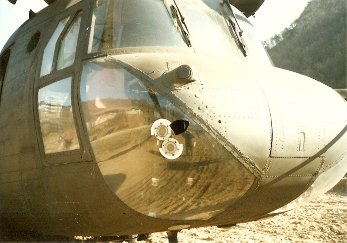 CH-47C Chinook helicopter 67-18532 in a field site in the Republic of Korea (South Korea) after a wire strike incident that occured on 9 December 1985.