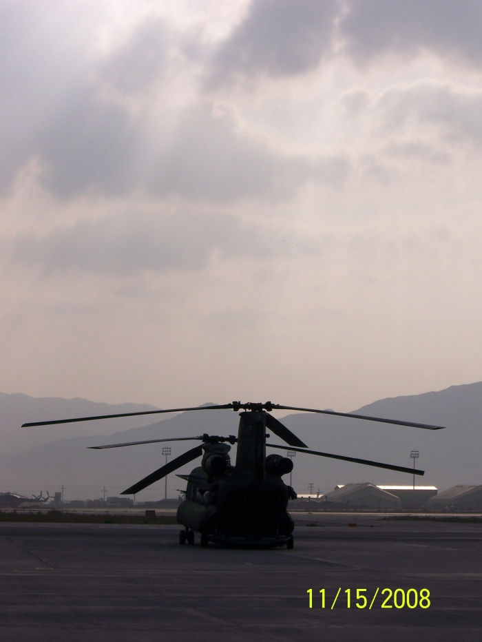 CH-47D Chinook helicopter 85-24337 while assigned to the California Army National Guard and deployed to Bagram, Afghanistan, 2008 - 2009.