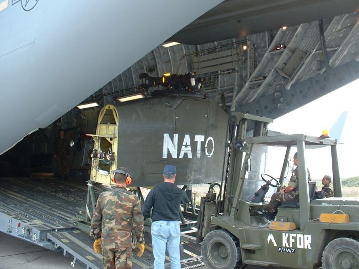 89-00138 being loaded aboard a United States Air Force (USAF) C-17 Globemaster III transport aircraft at Camp Able Sentry, Macedonia.