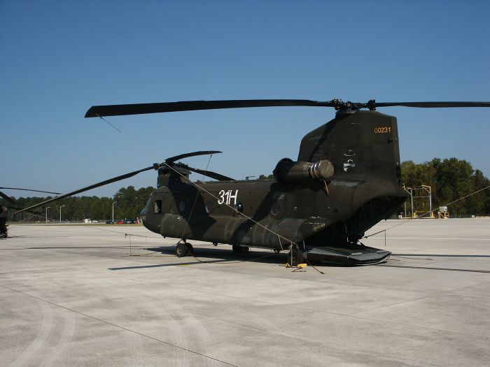 CH-47D Chinook helicopter 91-00231 as it sat on the ramp at Knox Army Airfield, Fort Rucker, Alabama.  The aircraft was prepped to fly to Corpus Christi Army Depot (CCAD), Texas, for what was known as D to D turn-in. Once at CCAD, the aircraft would be repaired as necessary and then transferred to a unit in need of a replacement helicopter.