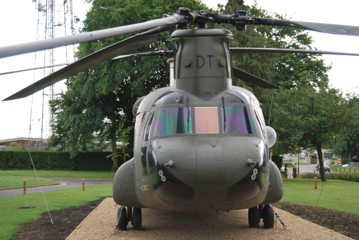 6 April 2012: In a photograph provided by Bill McNally CH-47F (minus) Chinook helicopter 03-08003 is seen in Royal Air Force livery standing guard at the gate of RAF Odiham, England, on permanent static display.