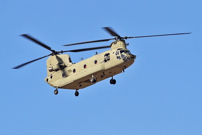 2 December 2012, Tuscon, Arizona: CH-47F Chinook helicopter hovers at Tuscon International Airport (KTUS).