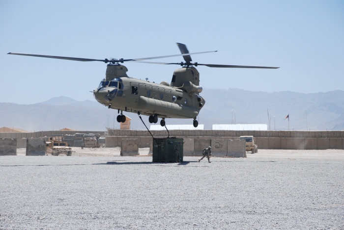 May 2009: CH-47F Chinook helicopter 06-08719 transporting cargo in Afghanistan.