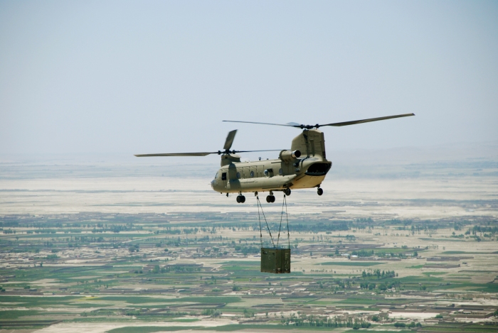 May 2009: CH-47F Chinook helicopter 06-08719 transporting cargo in Afghanistan.