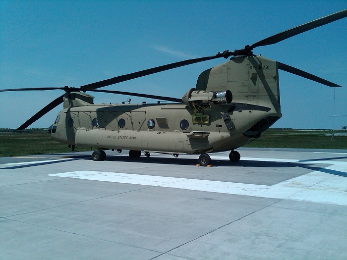 CH-47F Chinook helicopter 07-08731 awaiting a maintenance operational check (MOC) run up on Phoenix South ramp at Wheeler-Sack Army Airfield, at Fort Drum, New York, during the B Company - "Colossal", 3rd General Support Aviation Battalion, 10 Mountain Divison (B, 3-10 GSAB) fielding and train up in the Spring of 2010.