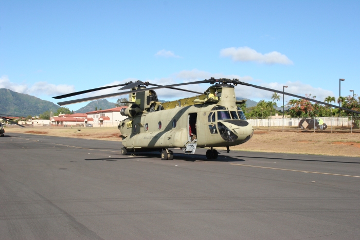 14 September 2011: CH-47F Chinook helicopter 07-08735 sitting on the ramp at Wheeler Army Airfield (PHHI) after it was transferred to Company B - "Voyagers", 171st Aviation Regiment, Army National Guard, on the Island of Oahu, Hawaii, at the end of Summer 2011.