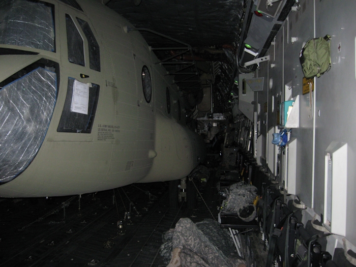 Somewhere over the Altantic Ocean, 08-08056 is loaded aboard a C-17 Globemaster III headed for Afghanistan.