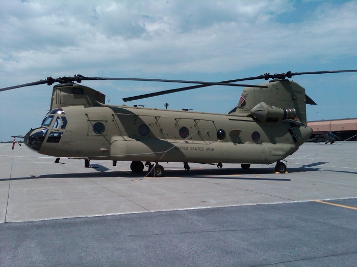 CH-47F Chinook helicopter 09-08059 sitting on South ramp at Wheeler-Sack Army Airfield, Fort Drum, New York, during the B Company - "Colossal", 3rd General Support Aviation Battalion, 10 Mountain Divison (B, 3-10 GSAB) fielding and train up in the Spring of 2010.