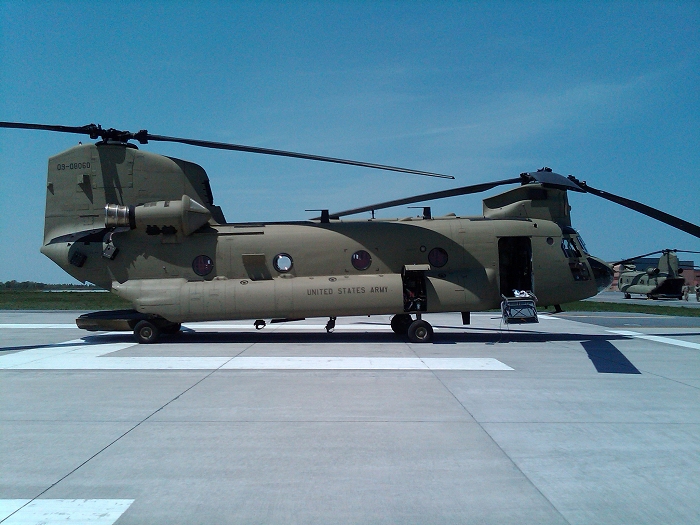 CH-47F Chinook helicopter 09-08060 sitting on the Phoenix North ramp at Wheeler-Sack Army Airfield, Fort Drum, New York, during the B Company - "Colossal", 3rd General Support Aviation Battalion, 10 Mountain Divison (B, 3-10 GSAB) fielding and train up in the Spring of 2010.