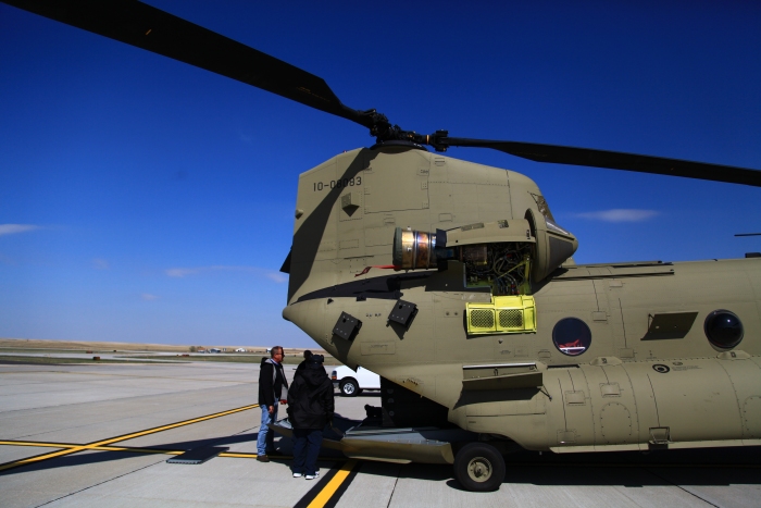 11 April 2012: The ramp tongue on 10-08083 failed to retract on shutdown at KRAP and the Flight Engineer could not seem to get it to operate properly. The Boeing maintenance team jumped on the bird and quickly repaired the broken chain under ramp floor.