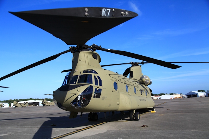 26 August 2013: CH-47F Chinook helicopter 12-08107 rests on the ramp at Hunter Army Airfield awaiting movement to Colorado to support the train up and qualification of aircrews from the Colorado Army National Guard.