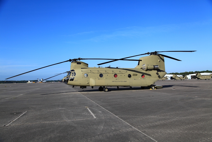 26 August 2013: CH-47F Chinook helicopter 12-08107 rests on the ramp at Hunter Army Airfield awaiting movement to Colorado to support the train up and qualification of aircrews from the Colorado Army National Guard.