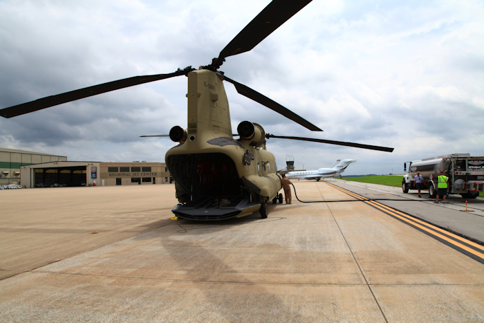 16 August 2017: CH-47F Chinook helicopter 15-08191 refueling at Northwest Arkansas Regional Aiport (KXNA), Arkansas, while enroute to it's new home at Butts Army Airfield (KFCS), Fort Carson, Colorado. Severe weather along the route of flight forced the crew to divert approximately 100 miles south to avoid rapidly developing thunderstorms that were spawning tornados in the northern portion of the midwest.