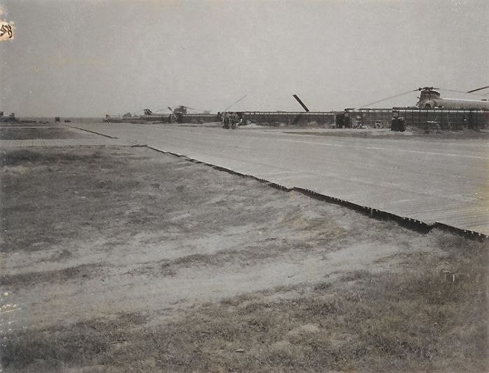 Damaged and destroyed Muleskinner Chinooks on the flight line at Cu Chi, Republic of Vietnam.