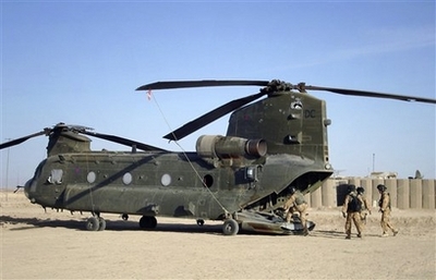 Damaged Chinook helicopter at FOB Edinburgh.