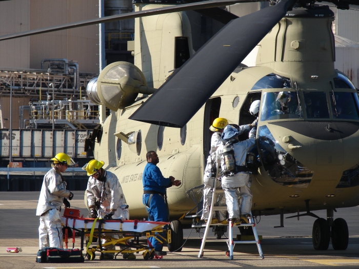 16 November 2009: Members of the Boeing Fire Department conduct rescue training utilizing an F model H-47 Chinook helicopter on the ramp at the Boeing Helicopters Center 3 South facility in Ridley Park, Pennsylvania.