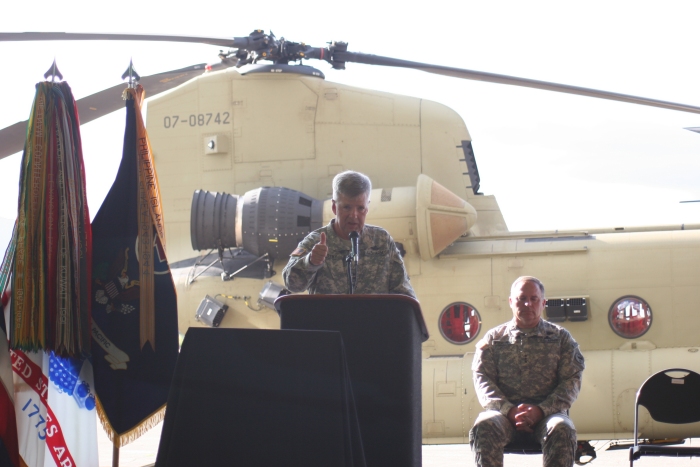 Major General William Timothy Crosby, Program Executive Officer, Aviation, located at Redstone Arsenal in Huntsville, Alabama, gives his comments and a thumbs up during the ceremony to announce the completion of fielding and training of the U.S. Army's CH-47F Chinook helicopter to units stationed on the Island of Oahu, Hawaii.