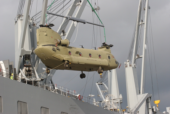 18 November 2010: CH-47F Chinook helicopter 07-08736 was the ninth aircraft to arrive at the dock.