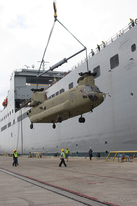 18 November 2010: CH-47F Chinook helicopter 07-08740 was the fourth aircraft to arrive at the dock.