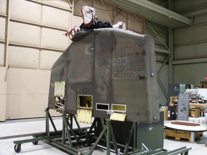 The CH-47 Aft Pylon of 87-00090 while under-going a Number One Engine Mount change at Knox Army Airfield,  Fort Rucker, Alabama, 9 November 2005.